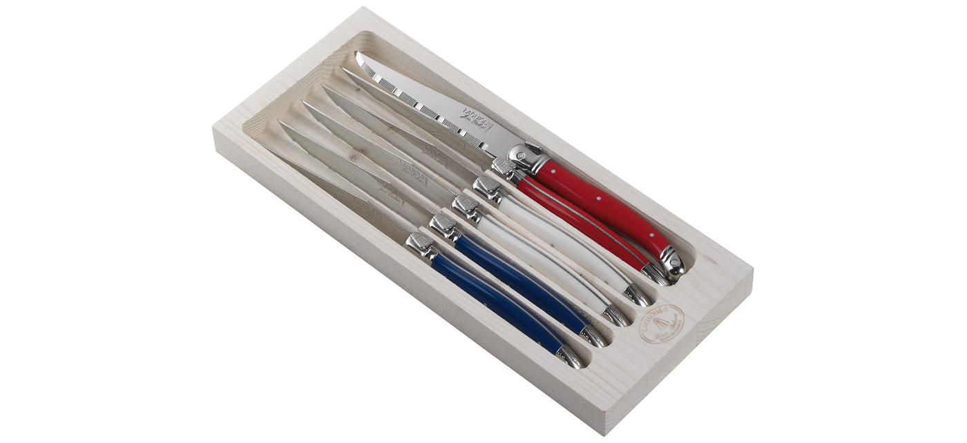 jean dubost Coffret 6 couteaux steak Laguiole manches coloris pack Paris