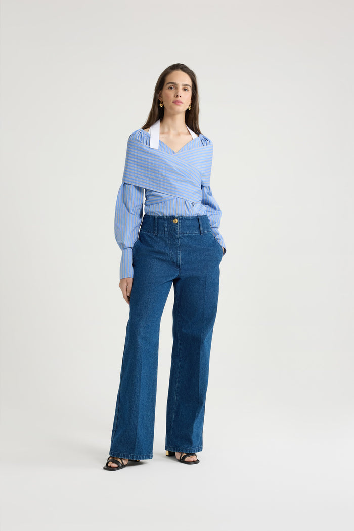 Jean Patou Blouse Croisée En Popeline De Coton Bio Imprimée Heritage Blue Stripes