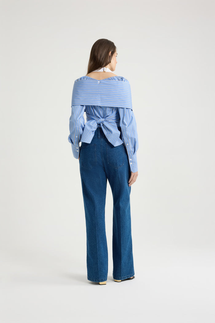 Jean Patou Blouse Croisée En Popeline De Coton Bio Imprimée Heritage Blue Stripes