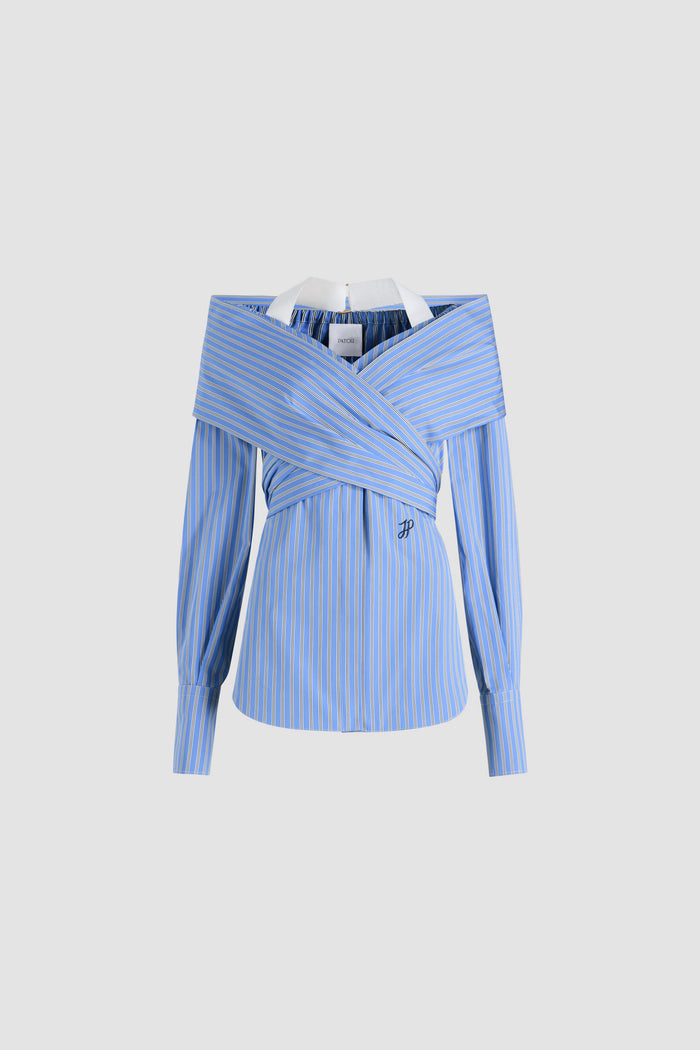 jean patou Blouse croisée en popeline de coton bio imprimée Heritage Blue Stripes
