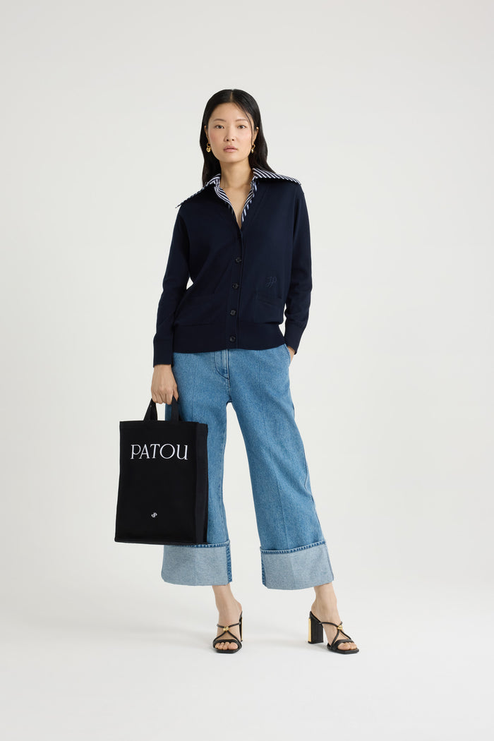 Jean Patou Cardigan à Col Trompe L'œil En Maille De Coton Navy Black