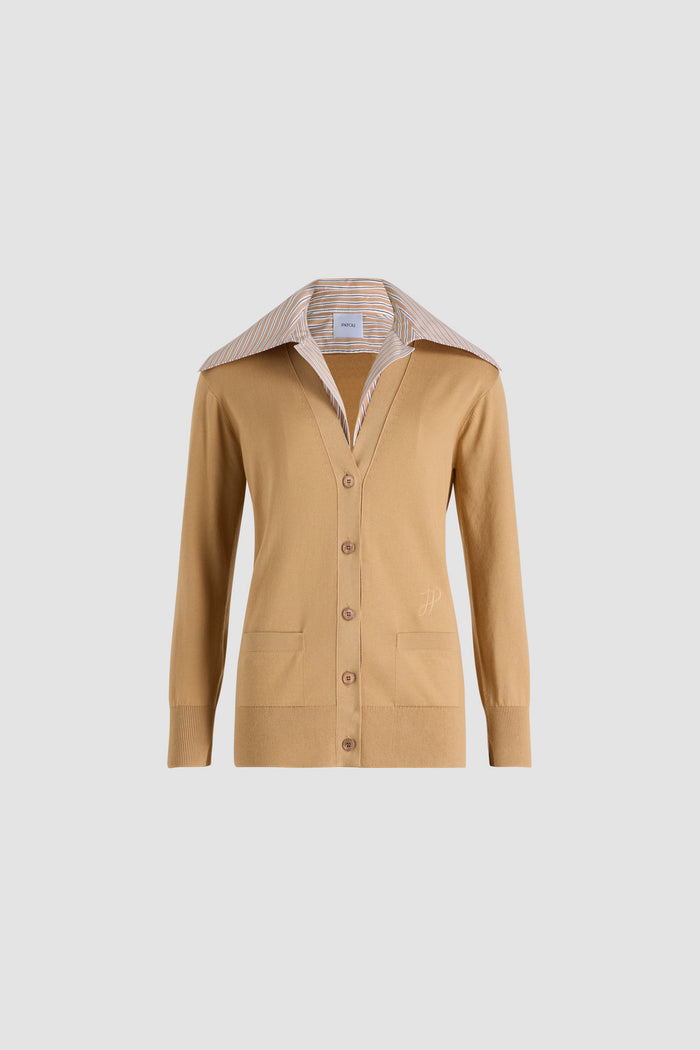 jean patou Cardigan à col trompe l'œil en maille de coton Praline