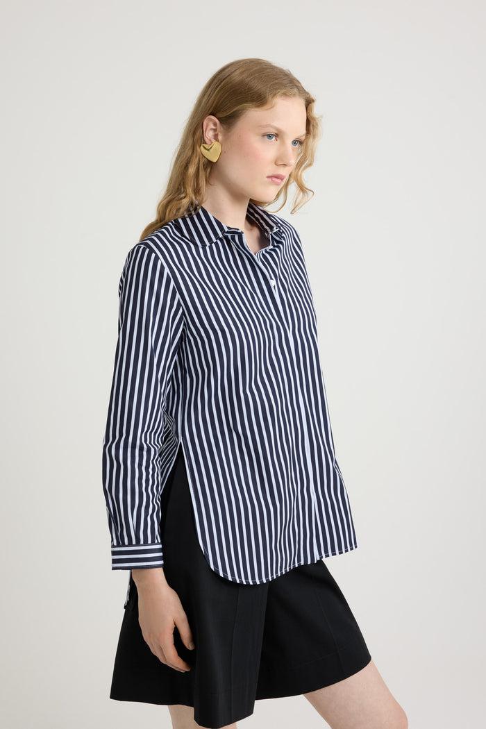 Jean Patou Chemise Ajustée En Popeline De Coton Bio Imprimée Navy Stripes