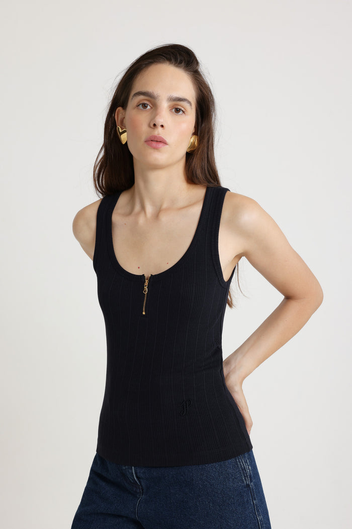 Jean Patou Débardeur à Encolure Arrondie En Coton Bio Mélangé Côtelé Navy Black