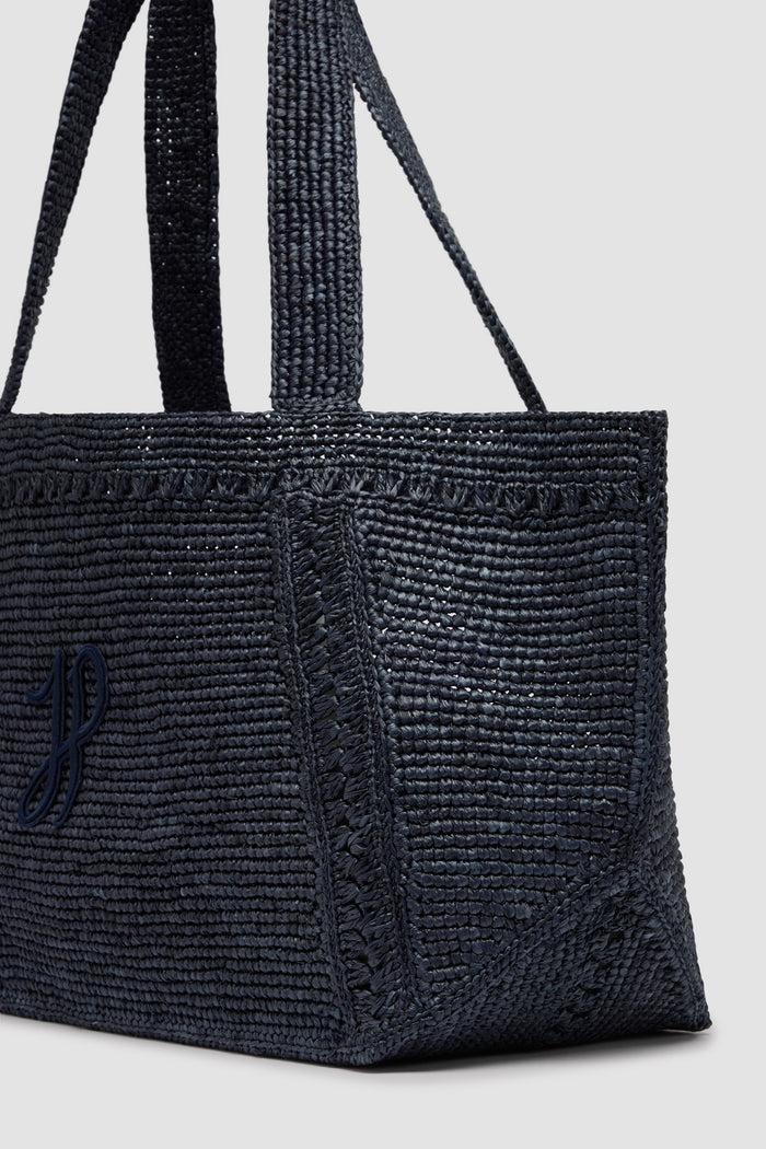 Jean Patou Grand Cabas Trapèze à Monogramme JP En Raphia Navy Black