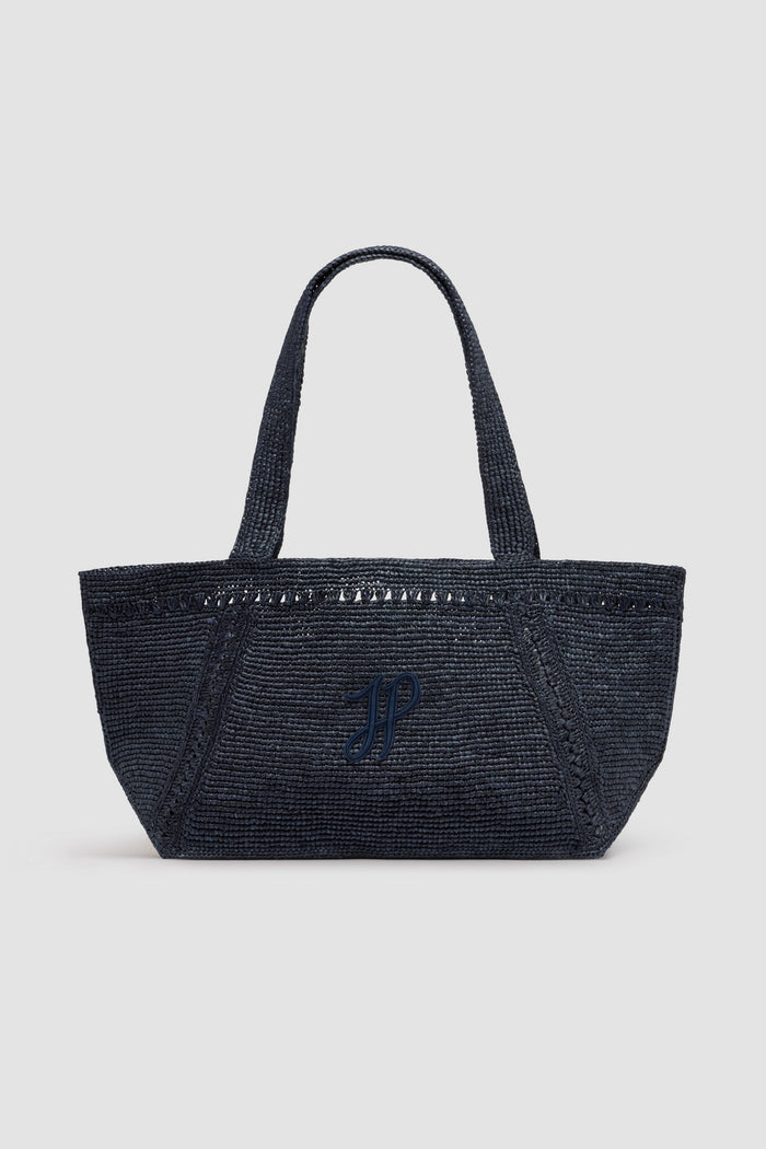 jean patou Grand cabas trapèze à monogramme JP en raphia Navy Black
