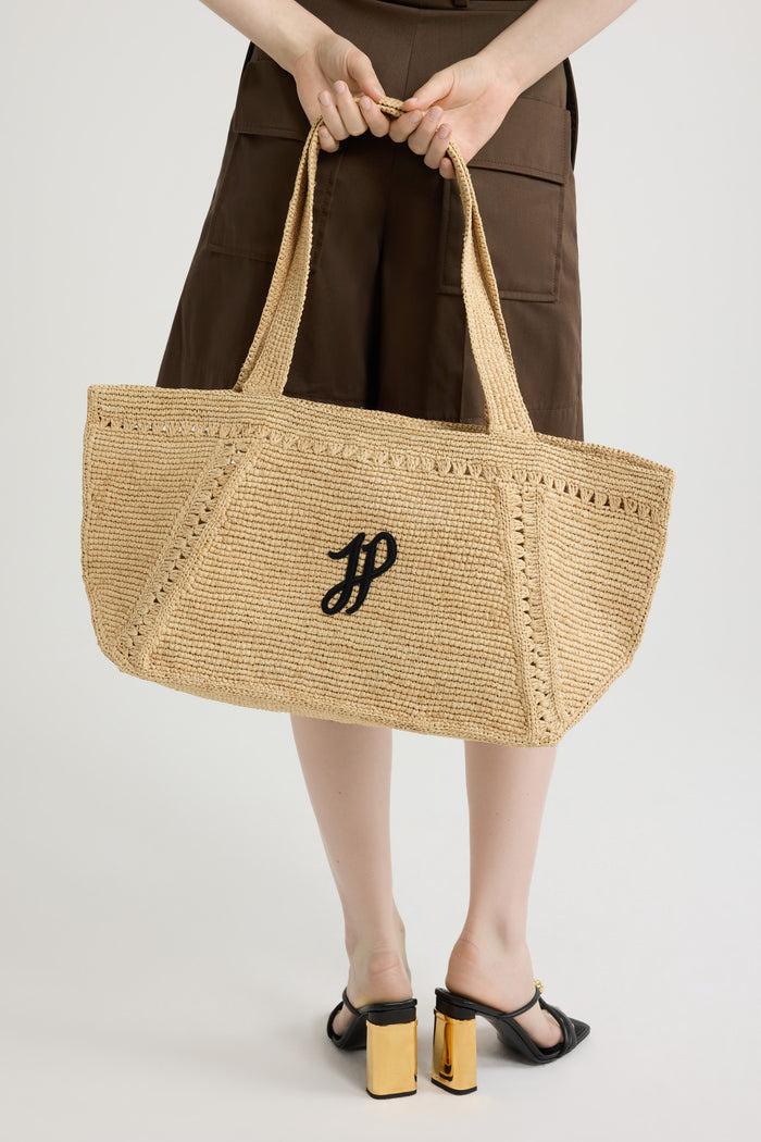Jean Patou Grand Cabas Trapèze à Monogramme JP En Raphia Vanilla