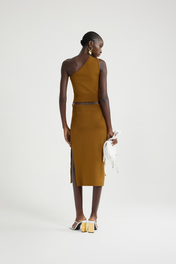 Jean Patou Jupe Crayon Midi En Crêpe Technique Caramel