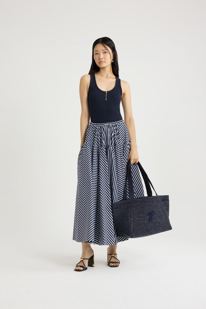 Jean Patou Jupe Longue Volumineuse En Popeline De Coton Bio Imprimée Navy Stripes