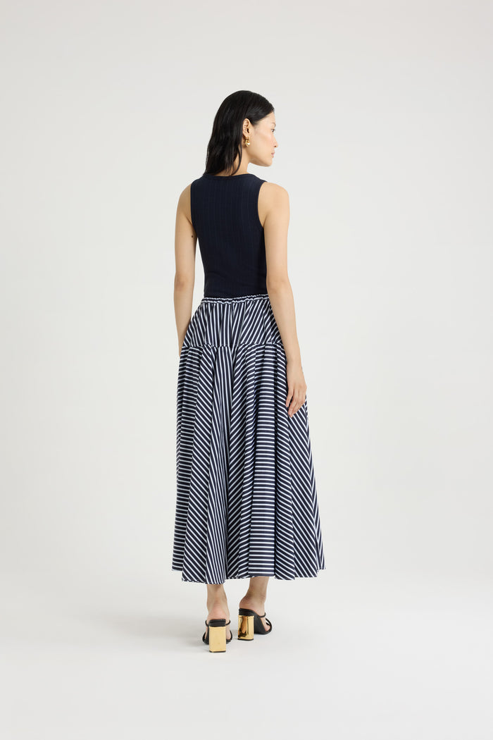 Jean Patou Jupe Longue Volumineuse En Popeline De Coton Bio Imprimée Navy Stripes