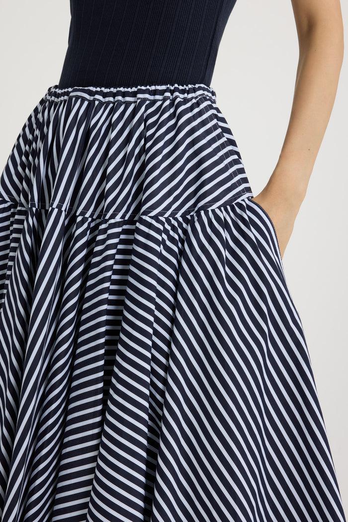 Jean Patou Jupe Longue Volumineuse En Popeline De Coton Bio Imprimée Navy Stripes