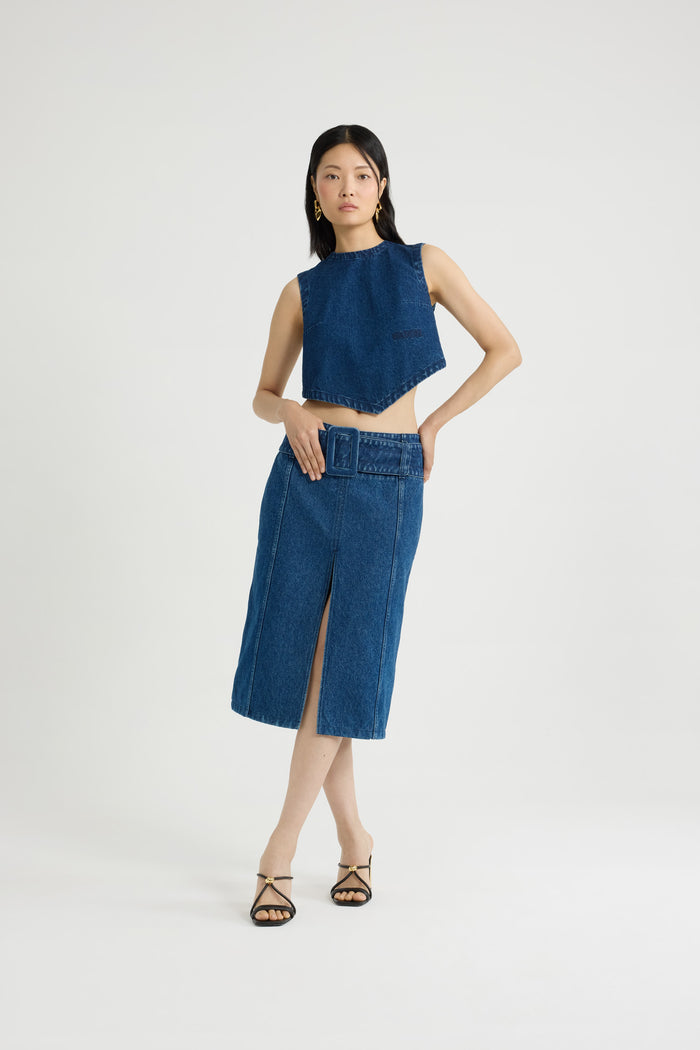 Jean Patou Jupe Midi Ceinturée En Denim De Coton Ink Blue
