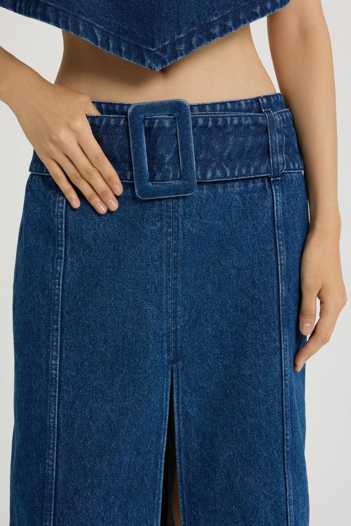 Jean Patou Jupe Midi Ceinturée En Denim De Coton Ink Blue