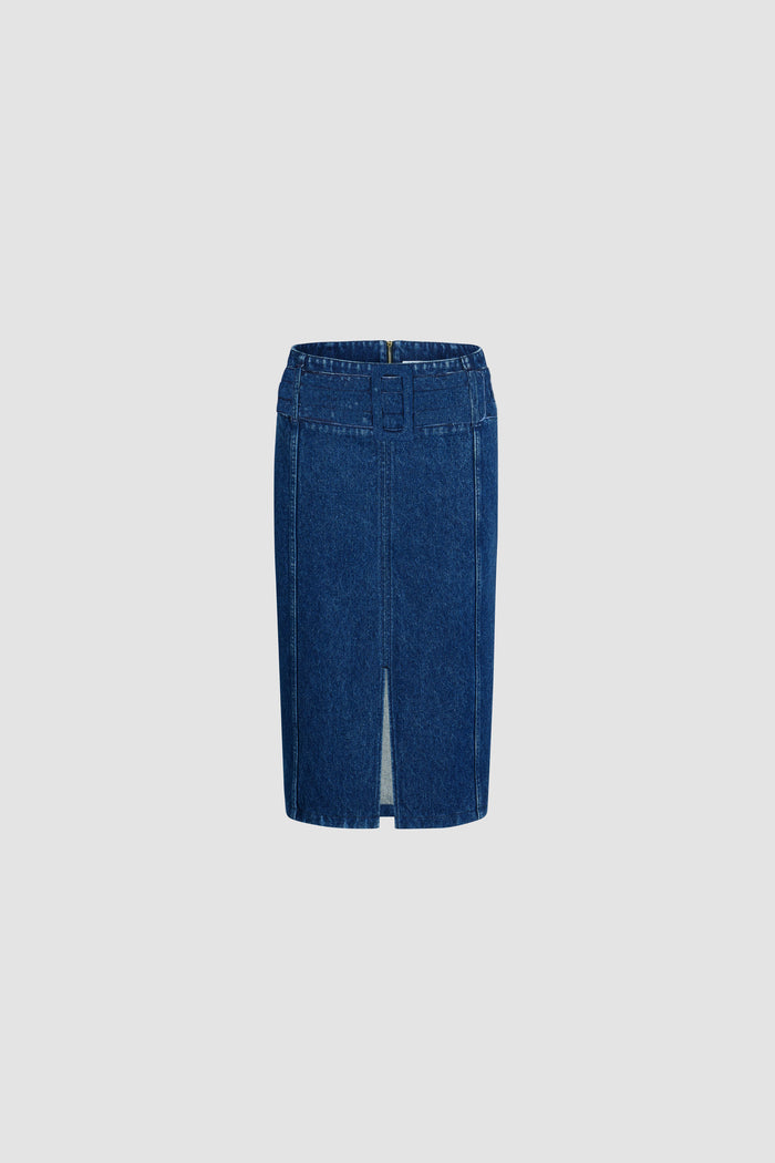 jean patou Jupe midi ceinturée en denim de coton Ink Blue