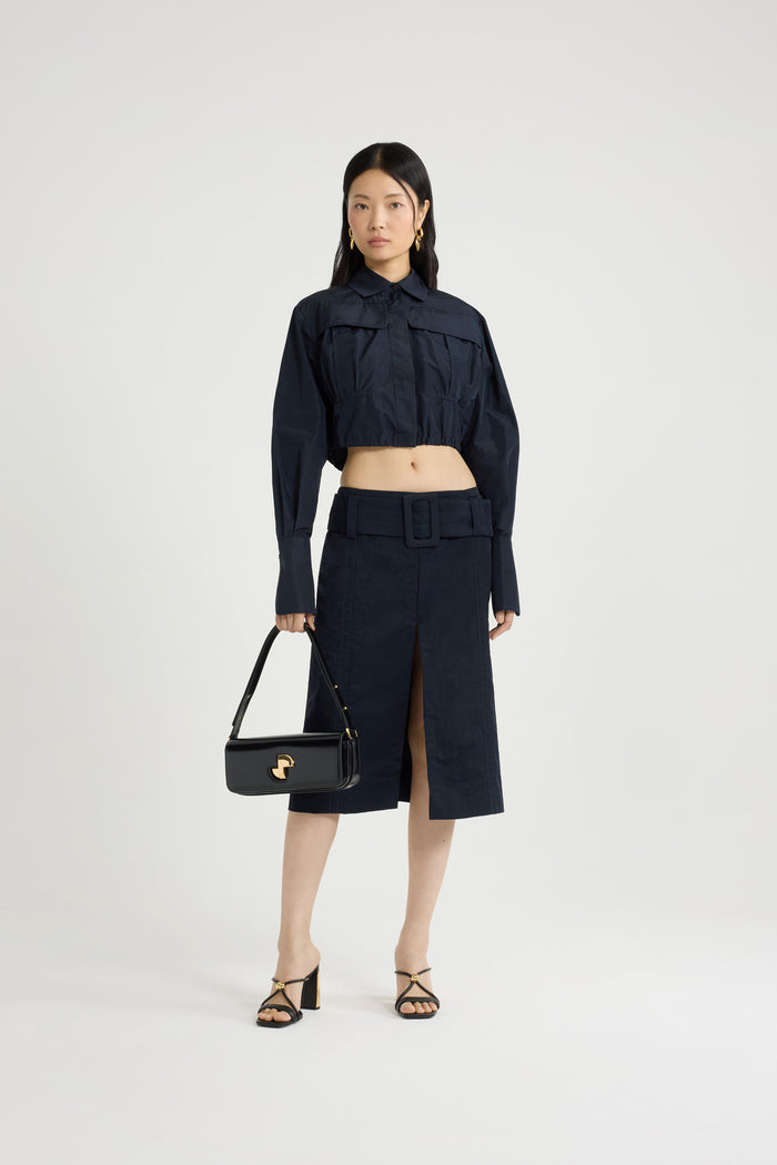 Jean Patou Jupe Midi Ceinturée En Nylon Léger Recyclé Navy Black