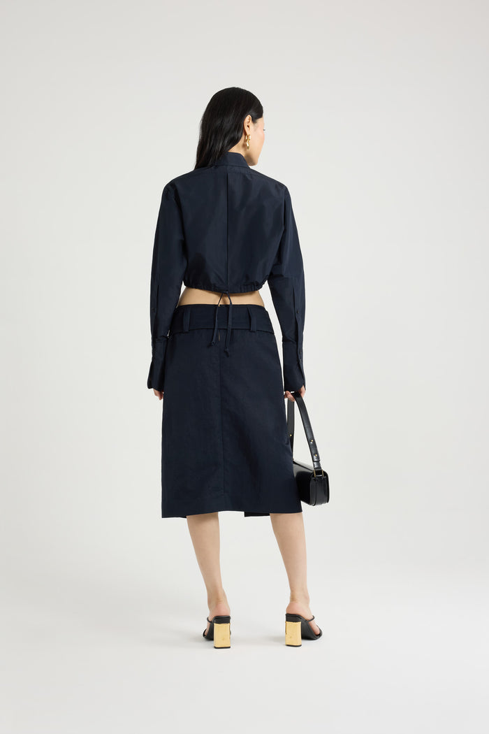Jean Patou Jupe Midi Ceinturée En Nylon Léger Recyclé Navy Black