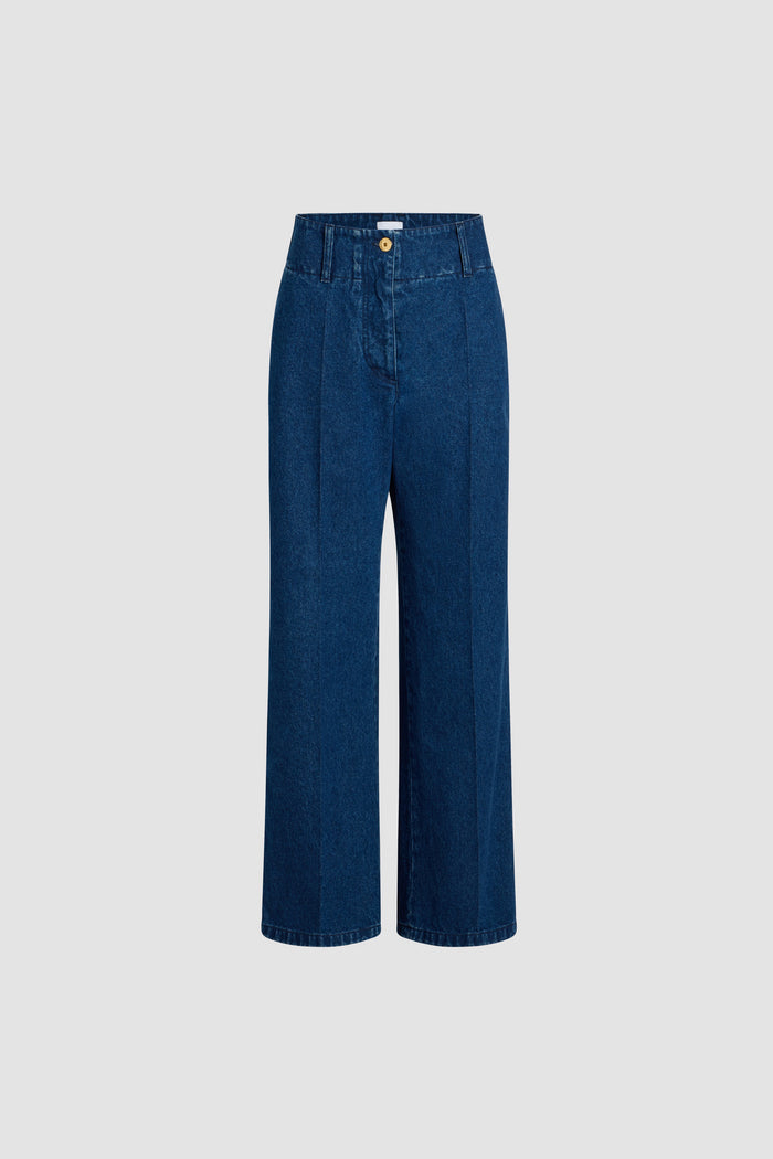 jean patou Pantalon à ceinture large en denim de coton Ink Blue
