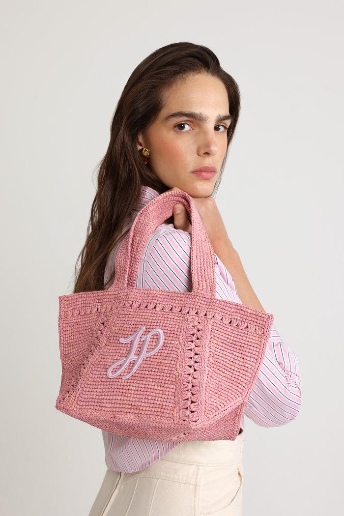 Jean Patou Petit Cabas Trapèze à Monogramme JP En Raphia Primrose Pink
