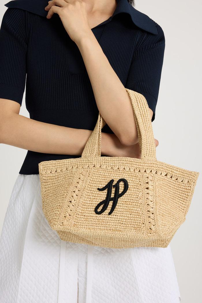 Jean Patou Petit Cabas Trapèze à Monogramme JP En Raphia Vanilla