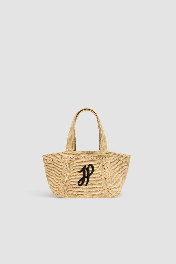 jean patou Petit cabas trapèze à monogramme JP en raphia Vanilla