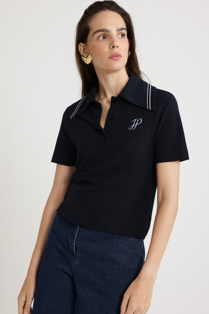 Jean Patou Polo à Monogramme JP Brodé En Coton Bio Piqué Navy Black