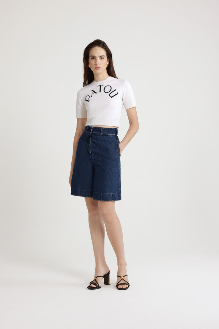 Jean Patou Pull Court à Logo Patou En Laine Mérinos Mélangée White