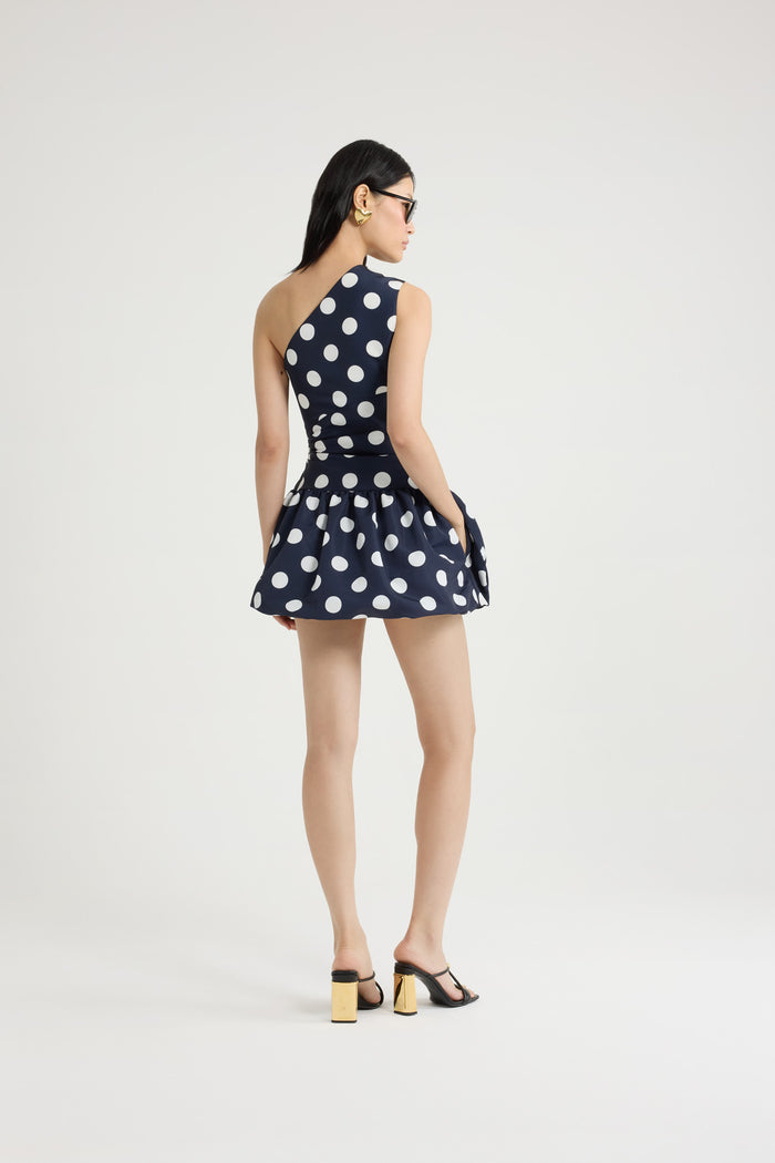 Jean Patou Robe Boule Courte Asymétrique En Ottoman Imprimé Recyclé Navy Polka Dots