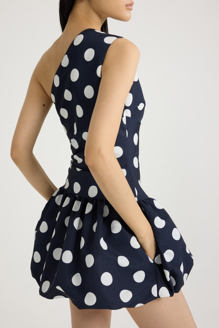 Jean Patou Robe Boule Courte Asymétrique En Ottoman Imprimé Recyclé Navy Polka Dots