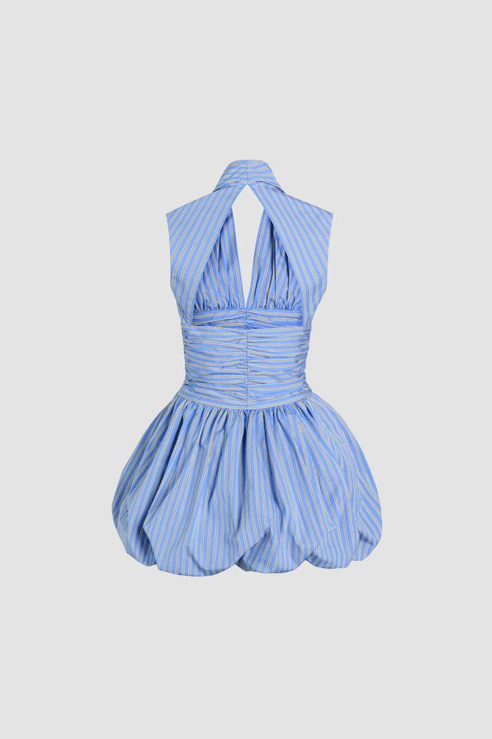 Jean Patou Robe Boule Courte Dos Nu En Popeline De Coton Bio Imprimée Heritage Blue Stripes