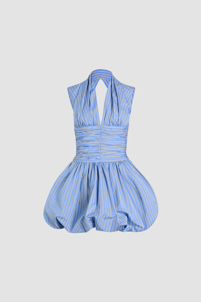 jean patou Robe boule courte dos nu en popeline de coton bio imprimée Heritage Blue Stripes