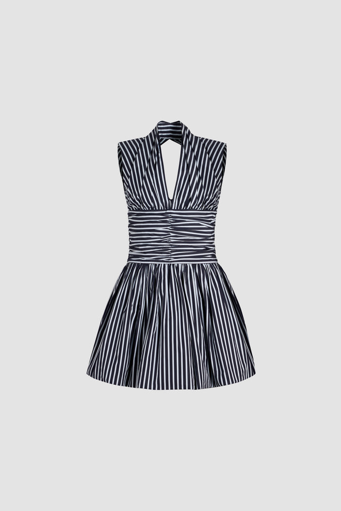 jean patou Robe boule courte dos nu en popeline de coton bio imprimée Navy Stripes