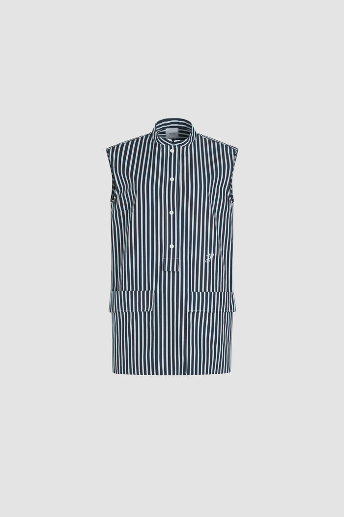 jean patou Robe chemise courte en popeline de coton bio imprimée Navy Stripes