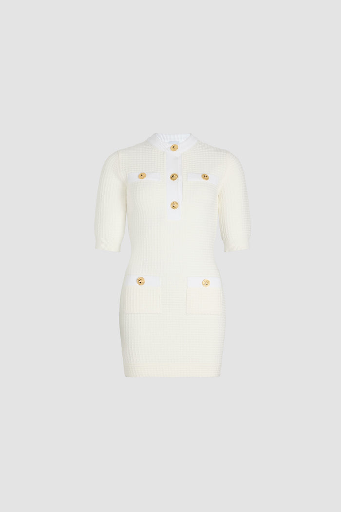 jean patou Robe courte en maille de coton gaufrée Ivory