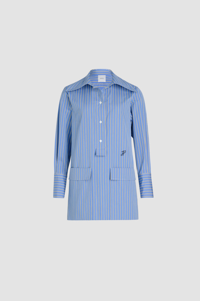 jean patou Robe courte en popeline de coton bio imprimée Heritage Blue Stripes