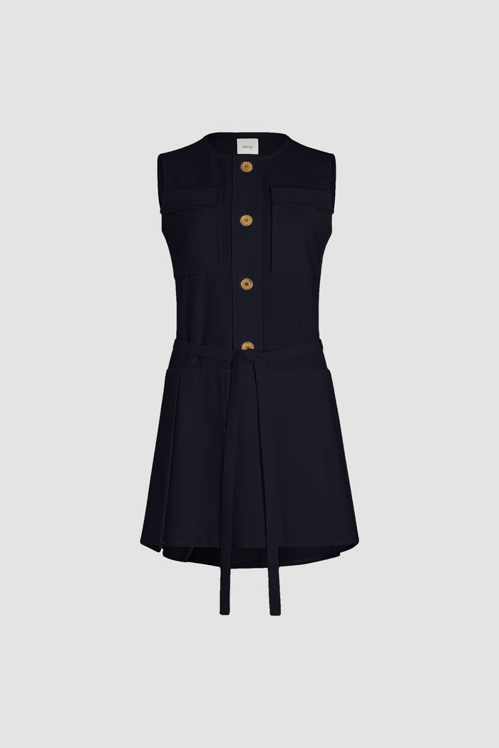 jean patou Robe courte plissée en sergé de laine technique éco-responsable Navy Black