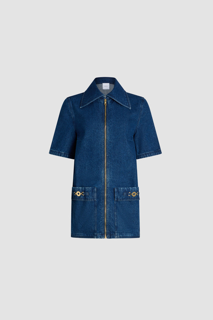 jean patou Robe courte zippée en denim de coton Ink Blue