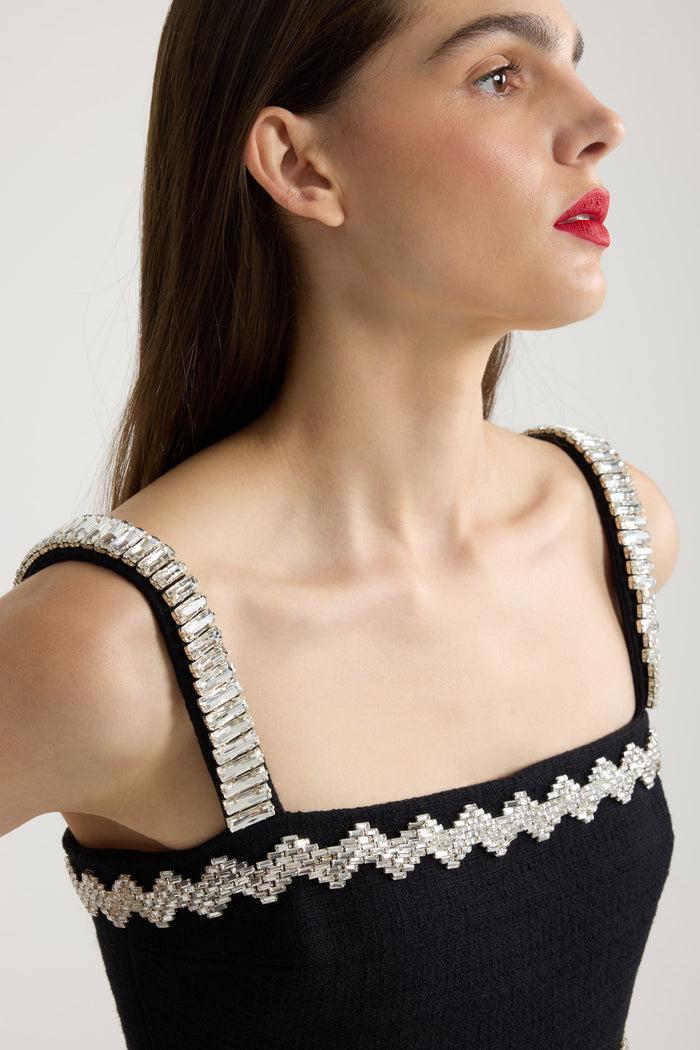 Jean Patou Robe Décorée De Strass En Tweed De Coton Black