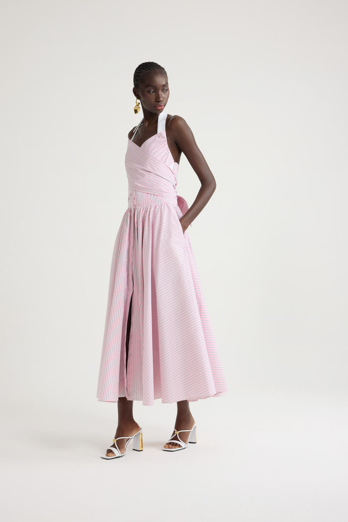 Jean Patou Robe Longue Dos Nu En Popeline De Coton Bio Imprimée Primrose Pink Stripes