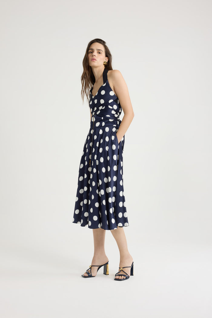 Jean Patou Robe Midi En Satin Imprimé Navy Polka Dots