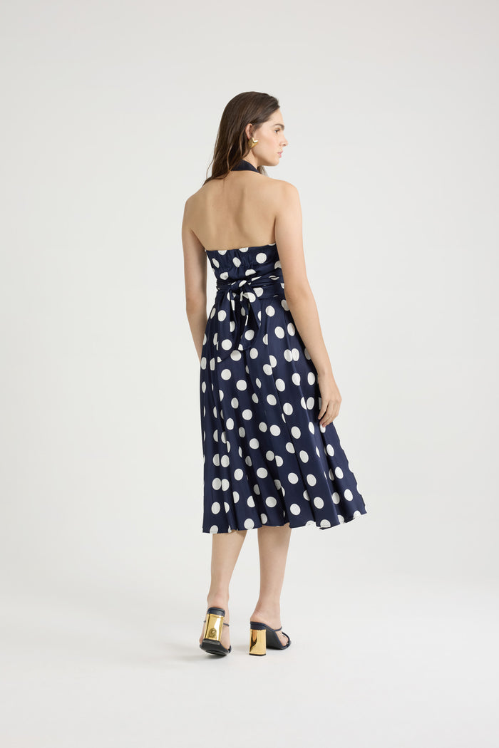 Jean Patou Robe Midi En Satin Imprimé Navy Polka Dots