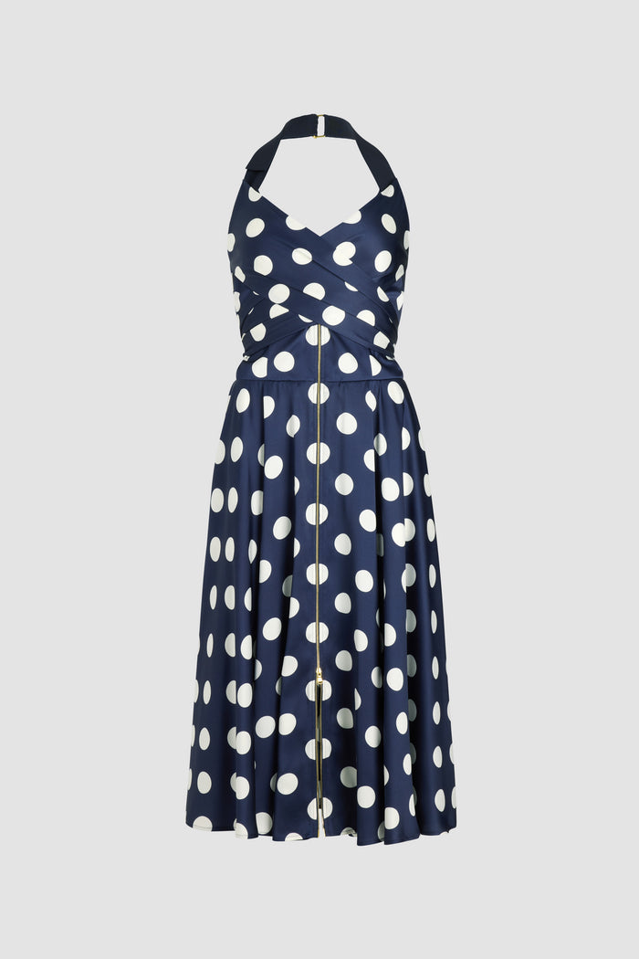 jean patou Robe midi en satin imprimé Navy Polka Dots