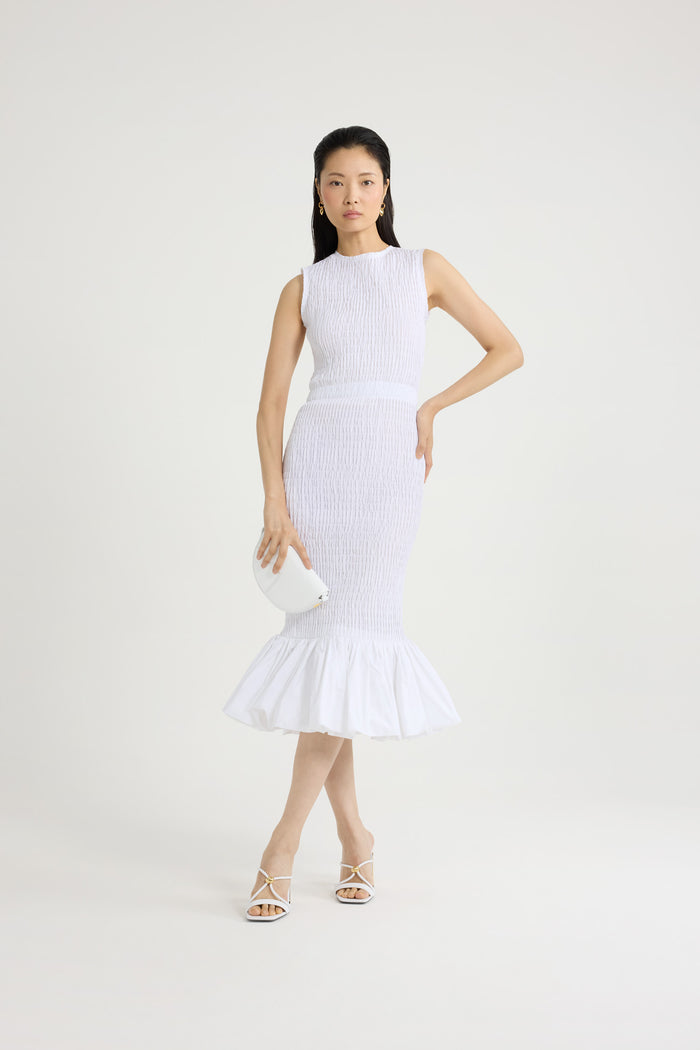 Jean Patou Robe Midi Smockée à Ourlet Volanté En Faille Recyclé White