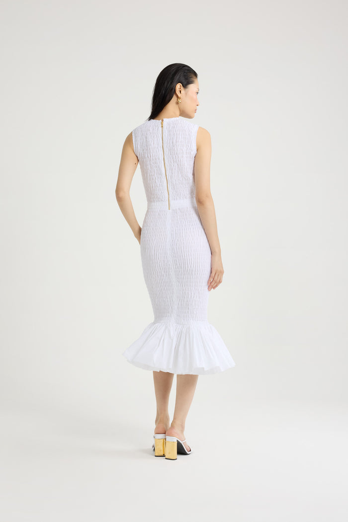 Jean Patou Robe Midi Smockée à Ourlet Volanté En Faille Recyclé White