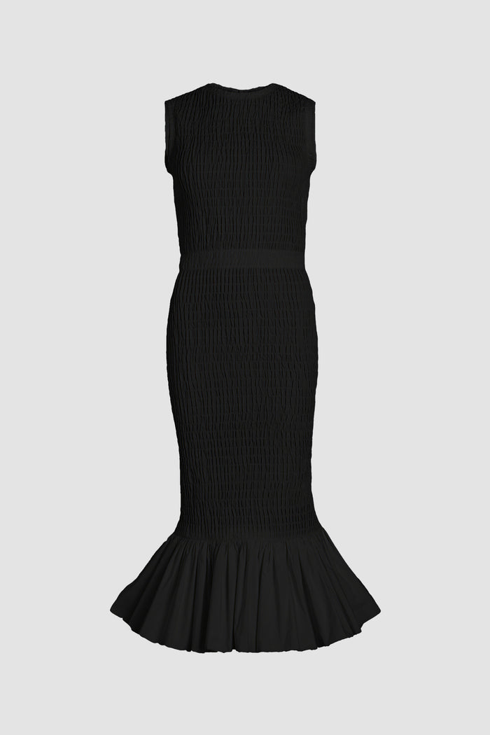 jean patou Robe midi smockée à ourlet volanté en faille recyclé Black