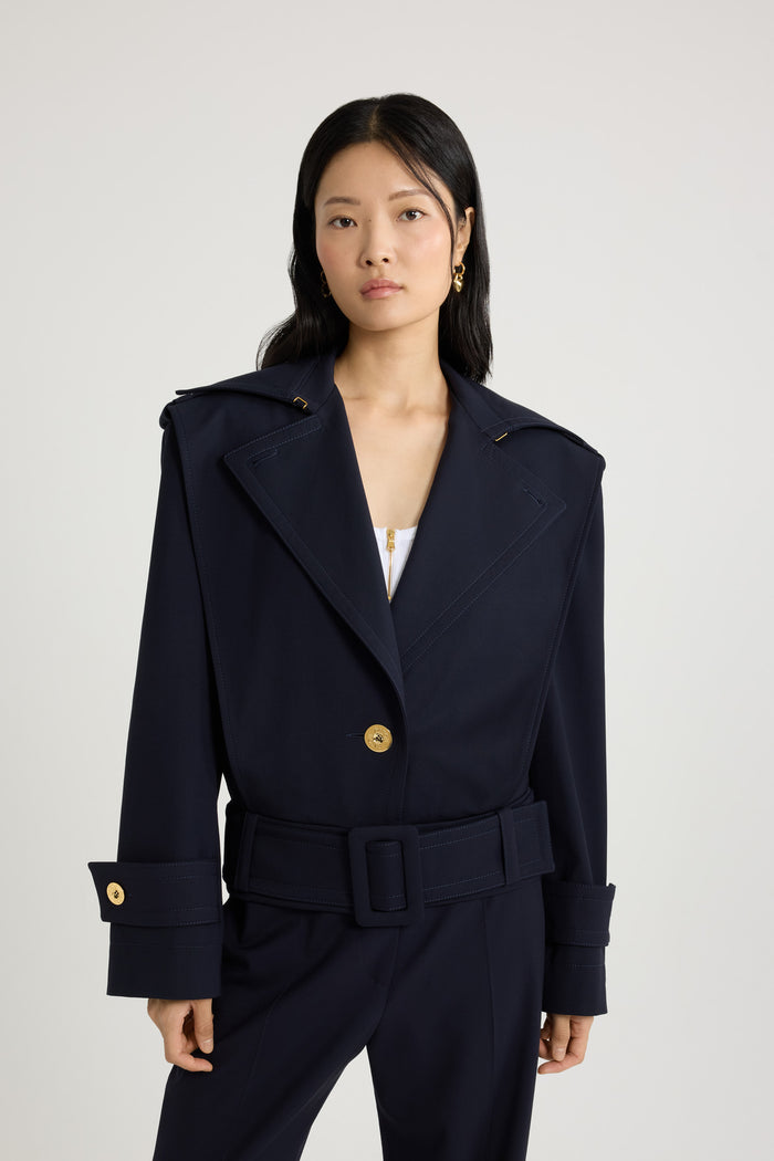 Jean Patou Veste Ceinturée En Sergé De Laine Technique éco-responsable Navy Black