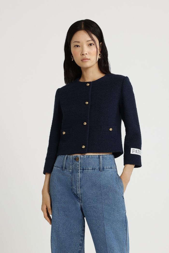Jean Patou Veste Courte En Tweed De Coton Bio Léger Navy Black