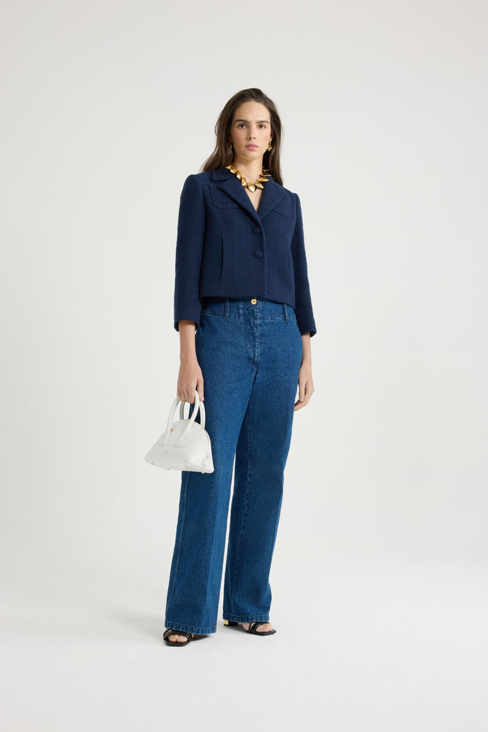 Jean Patou Veste Courte En Tweed De Coton Bio Léger Navy Black