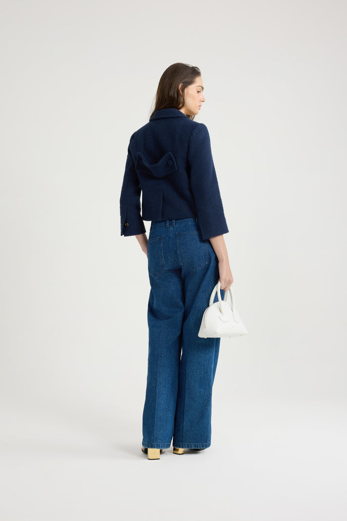 Jean Patou Veste Courte En Tweed De Coton Bio Léger Navy Black