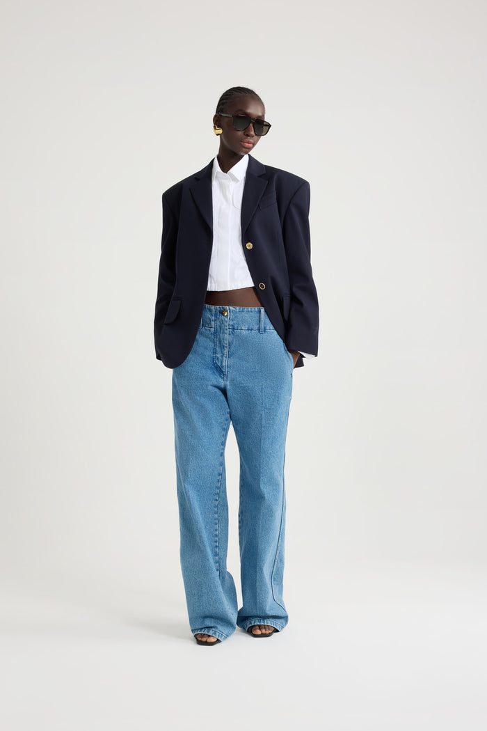 Jean Patou Veste Oversize Ceinturée En Sergé De Laine Technique éco-responsable Navy Black