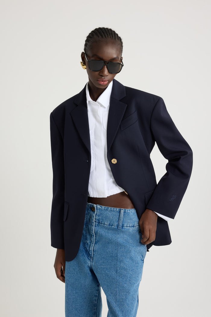Jean Patou Veste Oversize Ceinturée En Sergé De Laine Technique éco-responsable Navy Black